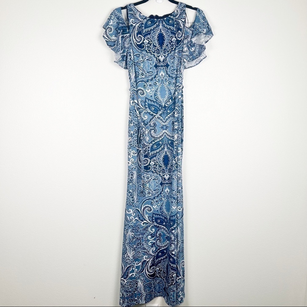 ELIZA J cold shoulder paisley waist tie maxi‎ dress blue 4